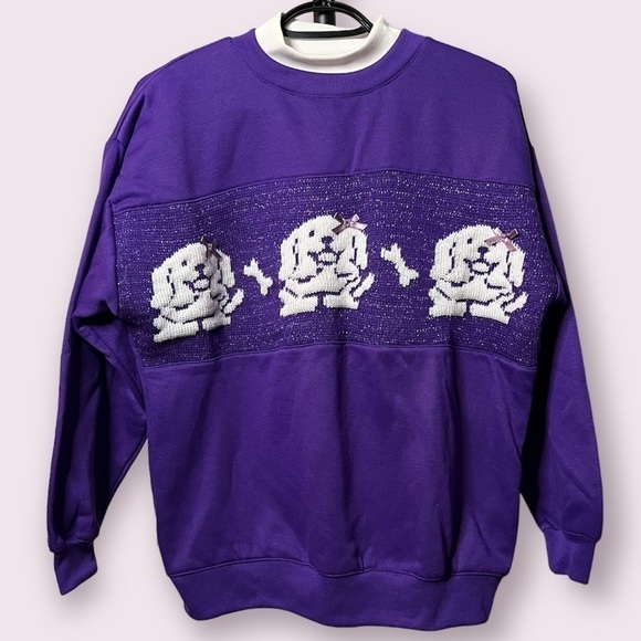 Vintage Sweaters - Vintage Purple and White Metallic Labrador Dog Sweater Medium